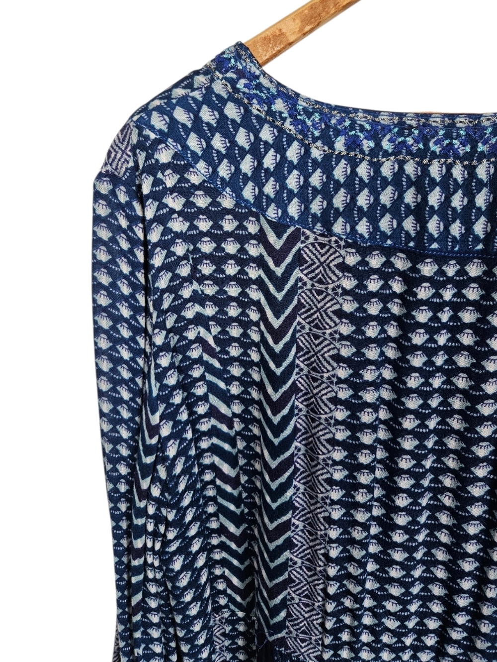 Anthropologie Akemi + Kim Blue Printed V-Neck Long Sleeve Batik Dress, Large - Picture 7 of 11